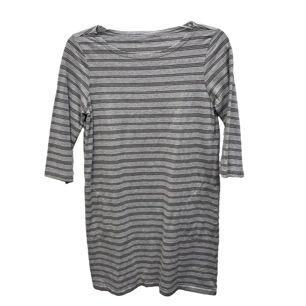 Garnet Hill Women Gray Striped Dress 3/4 Sleeve Organic Pima Cotton 12 Pockets